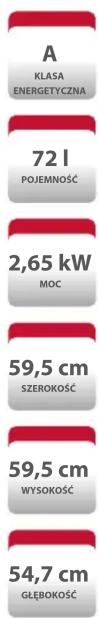 A KLASA ENERGETYCZNA 72 l POJEMNOŚĆ 2,65 kW MOC 59,5 cm SZEROKOŚĆ 59,5 cm WYSOKOŚĆ 54,7 cm GŁĘBOKOŚĆ