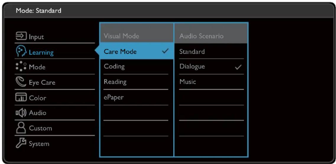 Mode: Standard Input Learning Mode Eye Care Color Audio Custom System Visual Mode Care Mode Coding Reading ePaper Audio Scenario Standard Dialogue Music