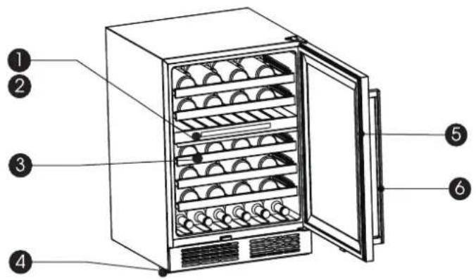 Diagram of a refrigerator with numbered parts for identification