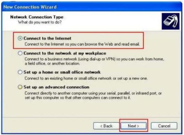 New Connection Wizard Network Connection Type What do you want to do? Connect to the Internet Connect to the Internet so you can browse the Web and read email. Connect to the network at my workplace Connect to a business network (using dial-up or VPN) so you can work from home, a field office, or another location. Set up a home or small office network Connect to an existing home or small office network or set up a new one. Set up an advanced connection Connect directly to another computer using your serial, parallel, or infrared port, or set up this computer so that other computers can connect to it. < Back Next > Cancel