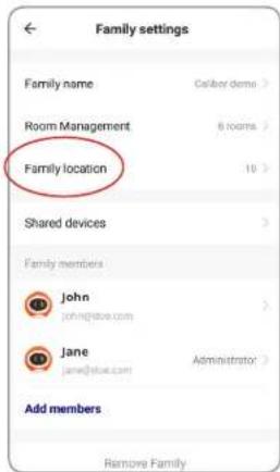 Family settings Family name Celler demo > Room Management 6 rooms > Family location 10 > Shared devices > Family members John john@bbo.com Jane jane@blue.com Administrator Add members Remove Family