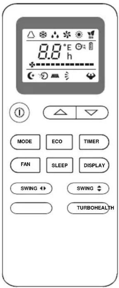 8.8°E h MODE ECO TIMER FAN SLEEP DISPLAY SWING SWING TURBOHEALTH