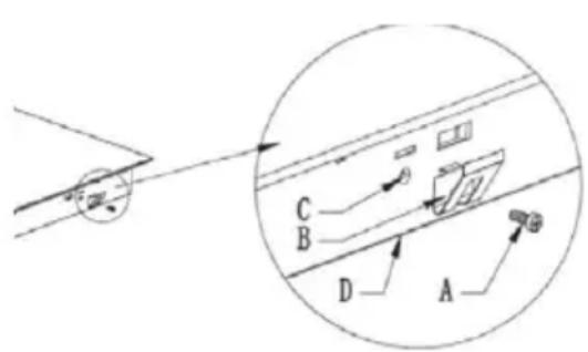 Diagram showing a device with labeled components A, B, C, D and an inset view of the device's screen setup.