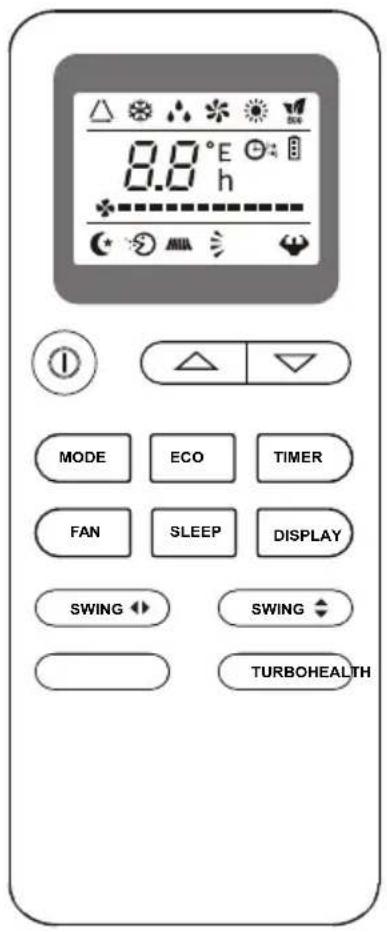 8.8°E h MODE ECO TIMER FAN SLEEP DISPLAY SWING SWING TURBOHEALTH