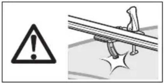 Warning symbol and safety instruction illustration showing a warning triangle and a hand holding a cable with sparks