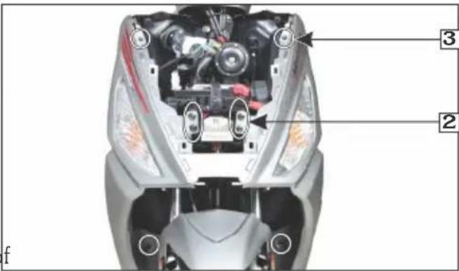 Technical diagram of a scooter head with labeled parts, showing internal engine and dashboard components