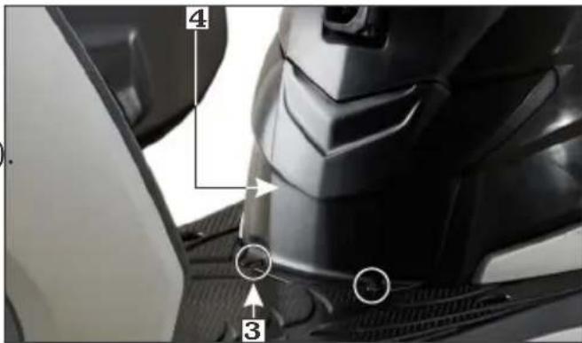 Technical diagram of a motorcycle seat with numbered parts and directional arrows indicating positioning or movement.