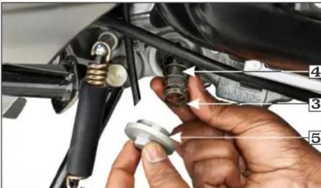 Close-up of a hand adjusting a mechanical component with numbered parts labeled 3, 4, and 5.