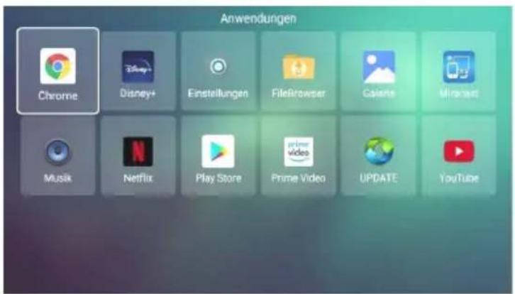 Anwendungen Chrome Disney+ Einstellungen FileBrowser Calents Mircast Musik Netflix Play Store Prime Video UPDATE YouTube