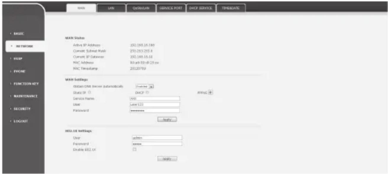 WAN Status Active IP Address 292.185.16-180 Current Subnet Mask 250.293.293.8 Current IP Gateway 292.185.16-18 MAC Address 80.x8.99.x8.29.xx MAC Timetamp 29120789 WAN Settings Open CME Server ubiquitically Static IP ○ DHCP ○ PPPoS ● Service Name: LAN User: user122 Password ********** Apply HIT2.DX Settings User admin Password ********** Enable E82.LX □ Apply
