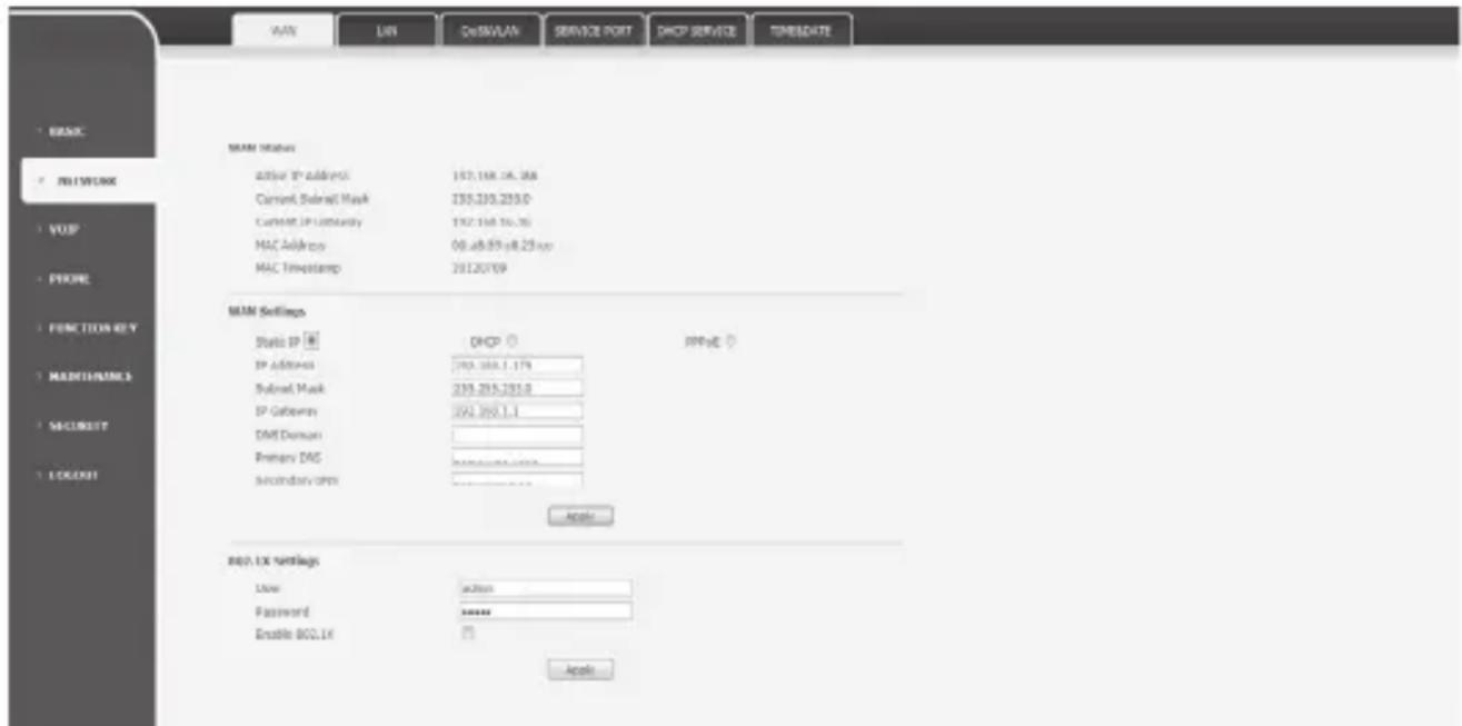 MAIN STATUS ADJAR IP Address: 193.168.16.388 Current Subnet Mask: 235.230.235.0 Current IP Community: 192.158.16.36 MAC Address: 08.48.89.e8.25.vcp MAC Timestamp: 201.207.99 MAIN Settings Status IP ☐ DHCP ☐ PPP&E ☐ IP Address: 203.208.1.179 Subnet Mask: 235.205.205.0 IP Gateway: 202.200.1.1 DNS Domain: Primary DAG: Secondary Dams: Apply... BOS LX Settings User: admin Password: ****** Enable BOS LX: Apply...