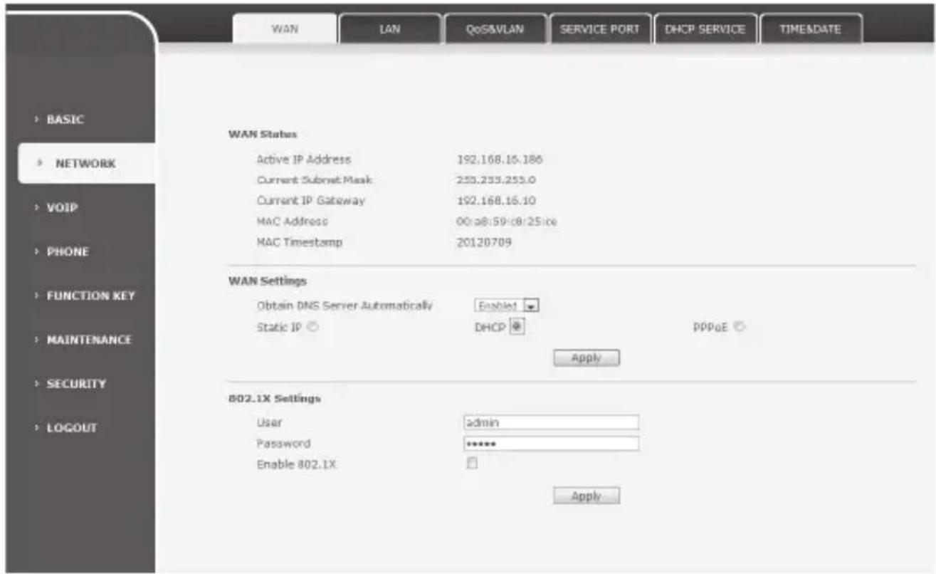 WAN LAN QoS&VLAN SERVICE PORT DHCP SERVICE TIME&DATE BASIC NETWORK VOIP PHONE FUNCTION KEY MAINTENANCE SECURITY LOGOUT WAN Status Active IP Address 192,168.16.186 Current Subnet Mask 253,253,253.0 Current IP Gateway 192,168.16.10 MAC Address 00.p8:59:c8:25:ce MAC Timestamp 20120709 WAN Settings Obtain DNS Server Automatically Enabled Static IP DHCP PPPoE Apply 802.1X Settings User hemin Password **** Enable 802.1X Apply