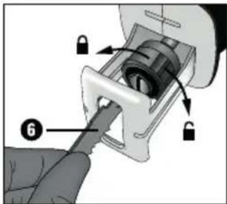 Diagram showing a hand using a tool to adjust or install a mechanical component with lock icons and labeled parts 6 and 7.