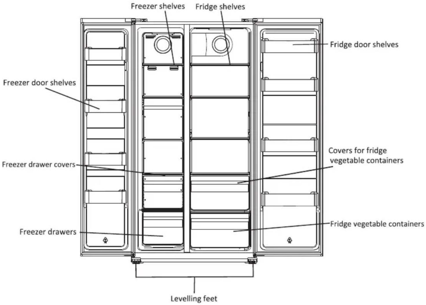 Freezer shelves Fridge shelves Freezer door shelves Freezer drawer covers Freezer drawers Fridge door shelves Covers for fridge vegetable containers Fridge vegetable containers Levelling feet