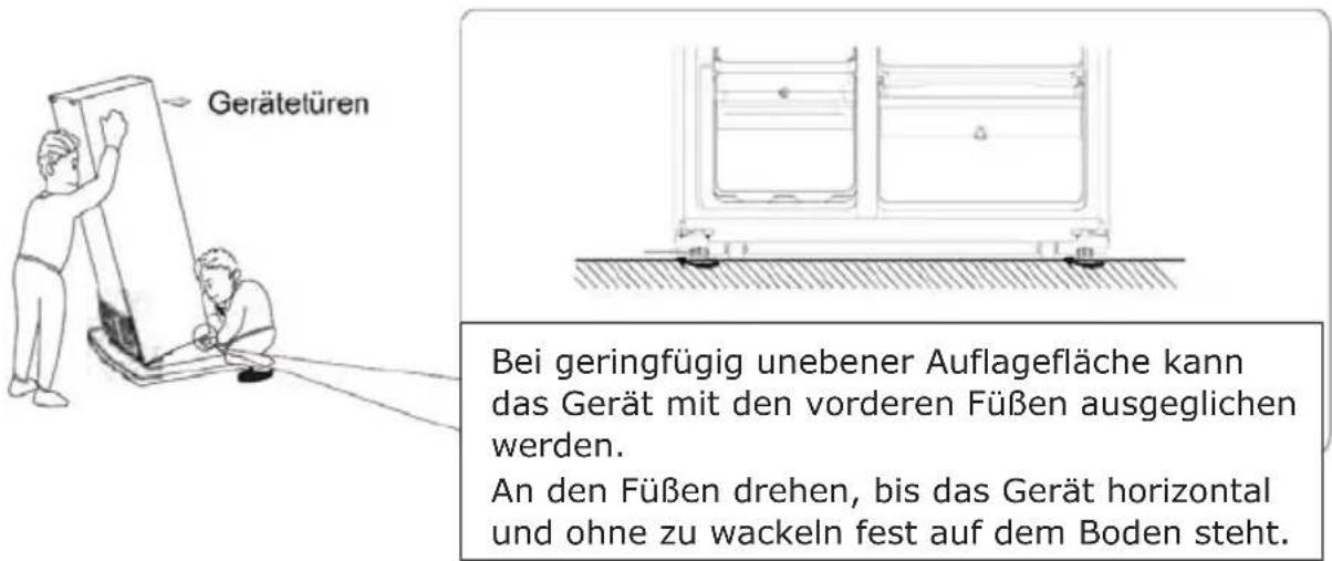 Gerätetüren Bei geringfügig unebener Auflagefläche kann das Gerät mit den vorderen Füßen ausgeglichen werden. An den Füßen drehen, bis das Gerät horizontal und ohne zu wackeln fest auf dem Boden steht.