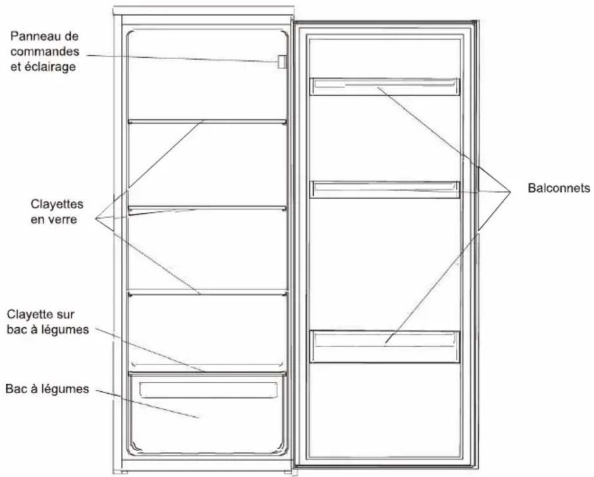Panneau de commandes et éclairage Clayettes en verre Clayette sur bac à légumes Bac à légumes Balconnets