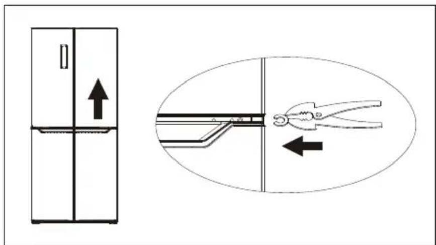 Diagram showing a refrigerator with an upward arrow and a close-up of a hand holding a tool, illustrating the process of cooling or cleaning.