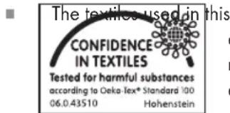 The textiles used in this CONFIDENCE IN TEXTILES Tested for harmful substances according to Oeka-Tex® Standard 100 06.0.43510 Hohenstein