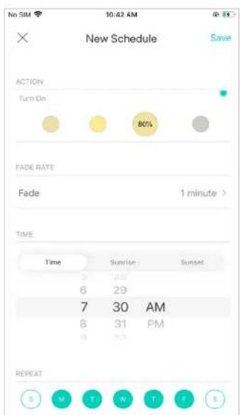 No SIM 10:42 AM × New Schedule Save ACTION Turn On 80% FADE RATE Fade 1 minute > TIME Time Sunrise Sunset 0 29 6 7 30 AM 7 31 PM 8 5.5 REPEAT