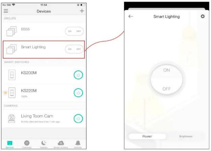No SIM 11:34 Devices GROUPS 5555 ON OFF Smart Lighting ON OFF SMART SWITCHES KS200M 100% KS220M CAMERAS Living Toom Cam Activity detected less than 1 mm ago Smart Lighting ON OFF Power Brightness