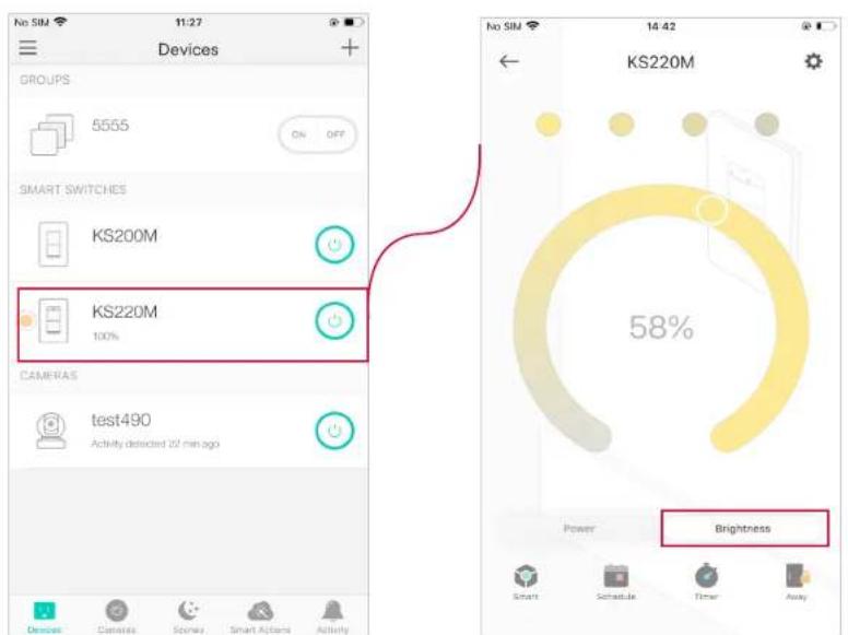 No SIM 11:27 Devices GROUPS 5555 ON OFF SMART SWITCHES KS200M KS220M 100% CAMERAS test490 Activity detected 20 min ago KS220M 58% Power Brightness Smart Schedule Time Away