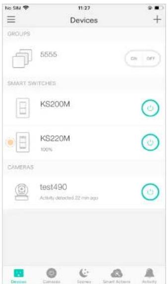 No SIM 11:27 Devices GROUPS 5555 ON OFF SMART SWITCHES KS200M KS220M 100% CAMERAS test490 Activity detected 22 min ago Devices Cameras Scenes Smart Actors Activity