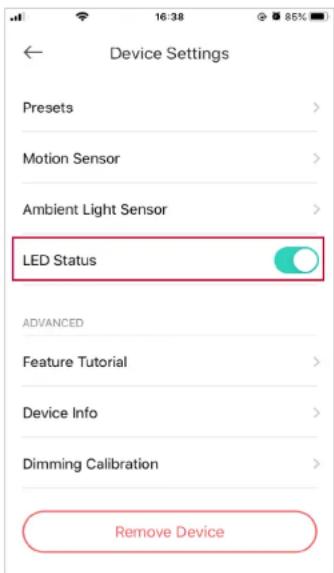 Device Settings Presets Motion Sensor Ambient Light Sensor LED Status ADVANCED Feature Tutorial Device Info Dimming Calibration Remove Device