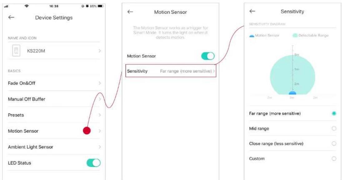 Device Settings NAME AND ICON KS220M BASICS Fade On&Off Manual Off Buffer Presets Motion Sensor Ambient Light Sensor LED Status Motion Sensor The Motion Sensor works as a trigger for Smart Mode. It turns the light on when it detects motion. Motion Sensor Sensitivity Far range (more sensitive) Sensitivity Diagram Motion Sensor Detectable Range Far range (more sensitive) Mid range Close range (less sensitive) Custom