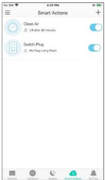 No SIM 4:20 PM Smart Actions + Clean Air Off after 30 minutes Switch-Plug My Plug-Living Room