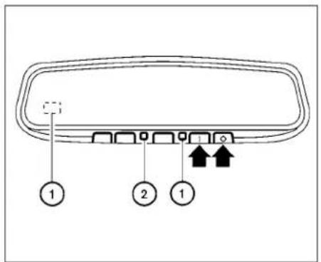 Diagram of a vehicle rearview panel with labeled buttons and directional arrows indicating movement or change.