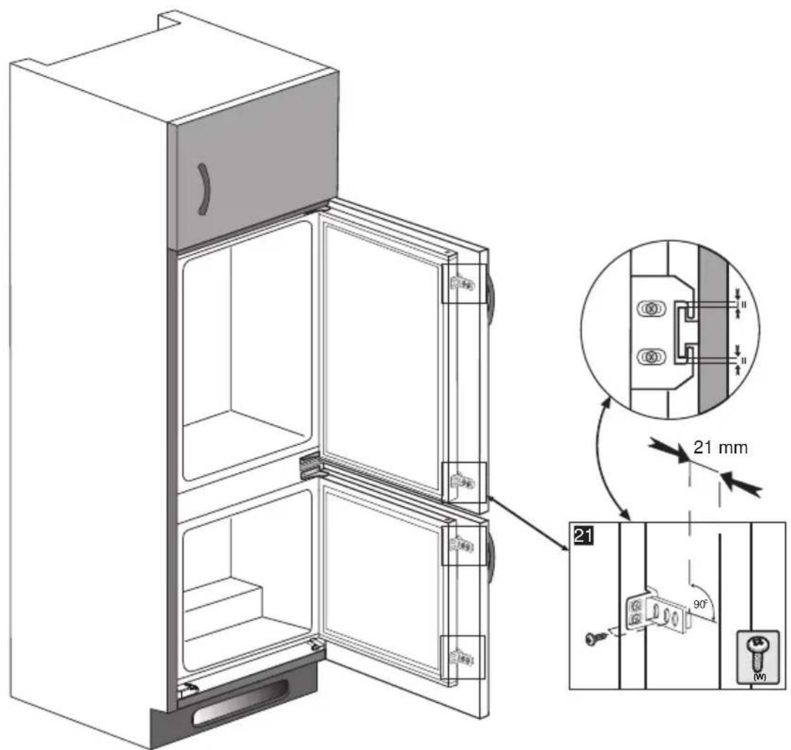 Technical diagram of a refrigerator with labeled components and dimensions, including 21 mm height and 90° angle annotation.