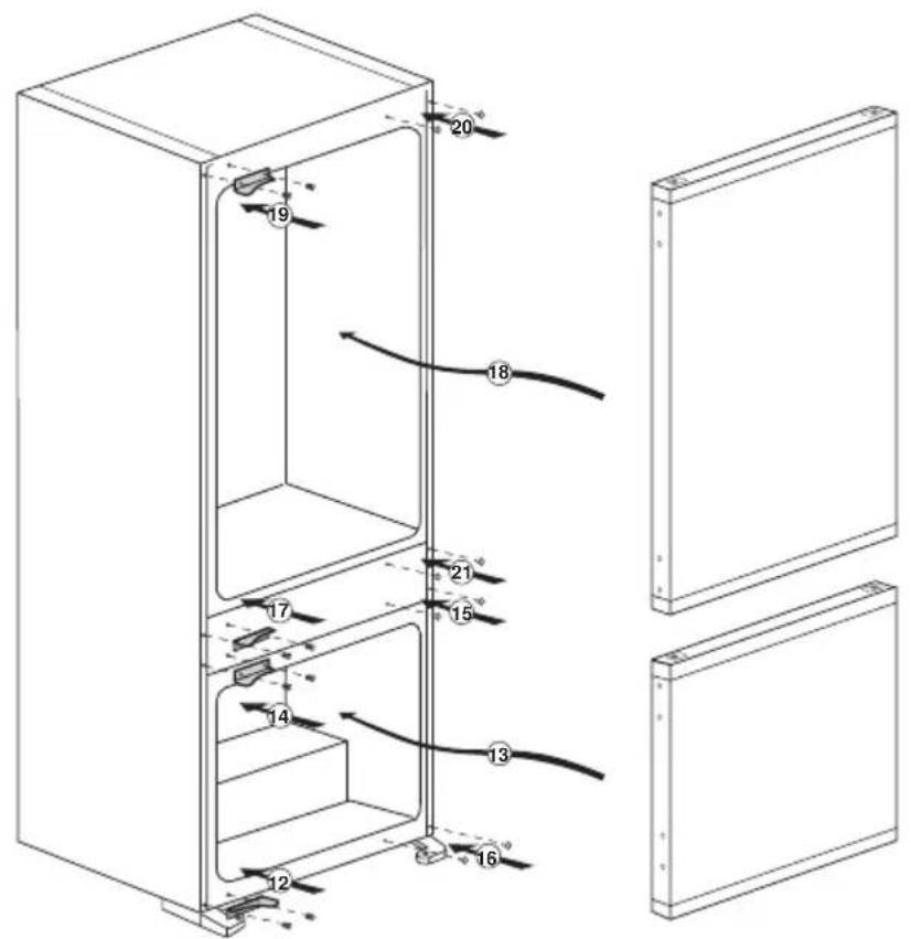 Technical diagram of a refrigerator with numbered parts and labeled arrows indicating internal components