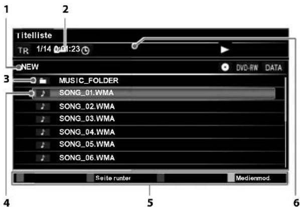 Titelliste TR 1/14 0:01:23 NEW MUSIC_FOLDER SONG_01.WMA SONG_02.WMA SONG_03.WMA SONG_04.WMA SONG_05.WMA SONG_06.WMA Seite runter Mediensmod