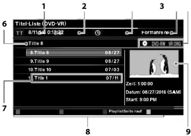 1 2 3 6 Titel-Liste (DVD-VR) TT 8/11 0:13:22 Fortjahrene Title 8 DVD-RW VR ORG 8. Title 8 08/27 9. Title 9 08/27 10. Title 10 07/03 1. Title 1 07/11 Zeit: 1:00:00 Datum: 08/27/2016 (SAM) Start: 9:00 PM 7 PlaylistSeite rauf 8 9