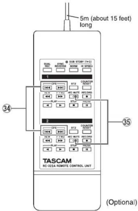 5m (about 15 feet) long DUAL SYNC DUB STSBY (T+2) REC REVERSE NORM HI SPEED 1 CPS RTZ COUNTER RESET RENT Y FWD REC MUTE RECORD PLAY STMP PUNTER 2 CPS RTZ COUNTER RESET NEW + FWD REC MUTE RECORD PLAY STOP PAUSE TASCAM RC-322A REMOTE CONTROL UNIT (Optional)