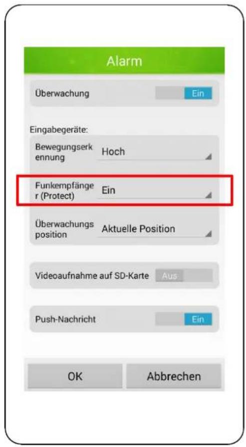 Alarm Überwachung Ein Eingabegeräte: Bewegungserk ennung Hoch Funkempfänger (Protect) Ein Überwachungs position Aktuelle Position Videoaufnahme auf SD-Karte Aus Push-Nachricht Ein OK Abbrechen