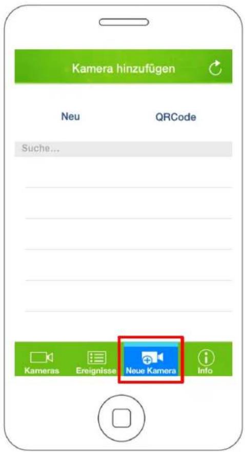 Kamera hinzufügen Neu QRCode Suche... Kameras Ereignisse Neue Kamera Info