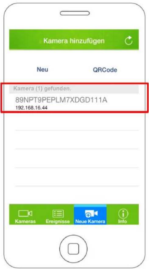 Kamera hinzufügen Neu QRCode Kamera (1) gefunden. 89NPT9PEPLM7XDGD111A 192.168.16.44 Kameras Ereignisse Neue Kamera Info