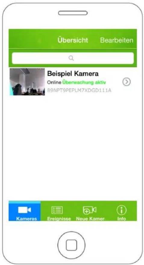 Übersicht Bearbeiten Beispiel Kamera Online Überwachung aktiv 89NPT9PEPLM7XDGD111A Kameras Ereignisse Neue Kamer. Info