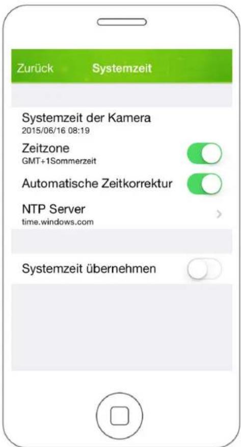 Zurück Systemzeit Systemzeit der Kamera 2015/06/16 08:19 Zeitzone GMT+1Sommerzeit Automatische Zeitkorrektur NTP Server time.windows.com Systemzeit übernehmen