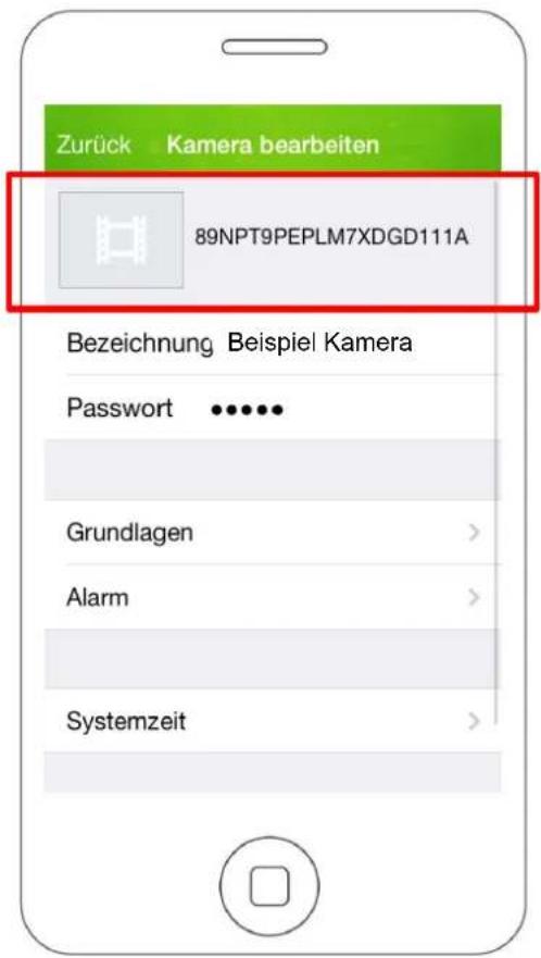 Zurück Kamera bearbeiten 89NPT9PEPLM7XDGD111A Bezeichnung Beispiel Kamera Password ...... Grundlagen > Alarm > Systemzeit >