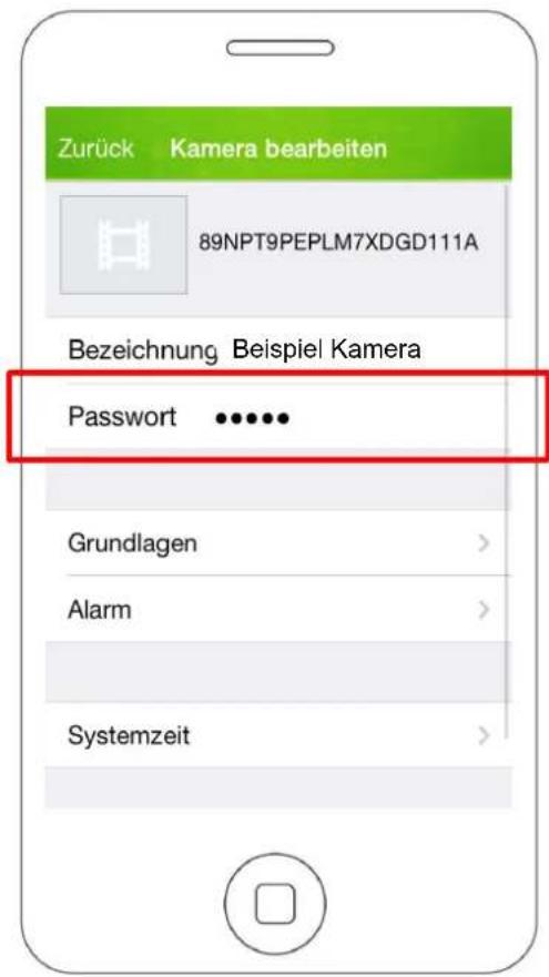 Zurück Kamera bearbeiten 89NPT9PEPLM7XDGD111A Bezeichnung Beispiel Kamera Password ...... Grundlagen > Alarm > Systemzeit >