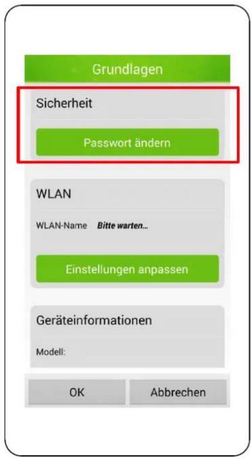 Grundlagen Sicherheit Password ändern WLAN WLAN-Name Bitte warten... Einstellungen anpassen Geräteinformationen Modell: OK Abbrechen