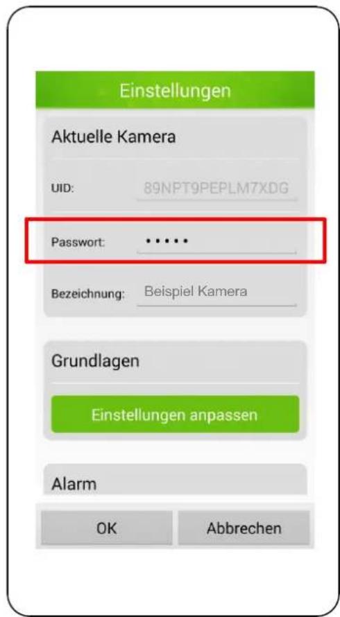Einstellungen Aktuelle Kamera UID: 89NPT9PEPLM7XDG Password: ••••• Bezeichnung: Beispiel Kamera Grundlagen Einstellungen anpassen Alarm OK Abbrechen