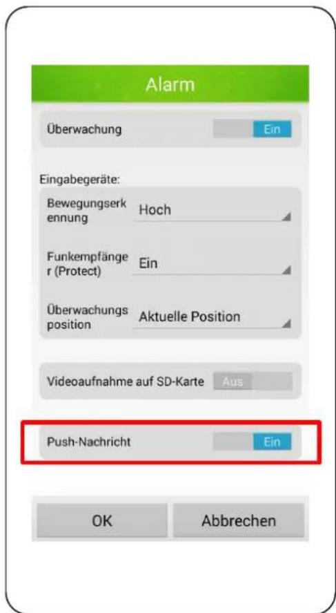 Alarm Überwachung Ein Eingabegeräte: Bewegungserkennung Hoch Funkempfänger (Protect) Ein Überwachungsposition Aktuelle Position Videoaufnahme auf SD-Karte Aus Push-Nachricht Ein OK Abbrechen