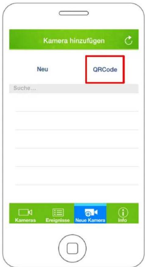 Kamera hinzufügen Neu QRCode Suche... Kameras Ereignisse Neue Kamera Info