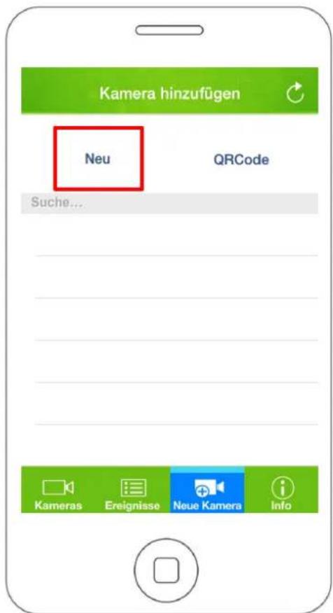 Kamera hinzufügen Neu QRCode Suche... Kameras Ereignisse Neue Kamera Info