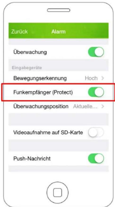Zurück Alarm Überwachung Eingabegeräte Bewegungserkennung Hoch > Funkempfänger (Protect) Überwachungsposition Aktuelle... Videoaufnahme auf SD-Karte Push-Nachricht