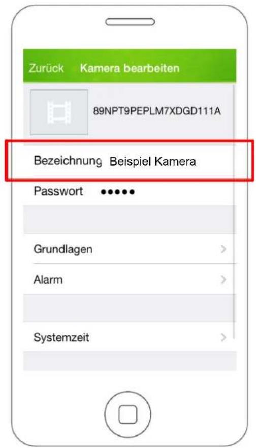 Zurück Kamera bearbeiten 89NPT9PEPLM7XDGD111A Bezeichnung Beispiel Kamera Password ...... Grundlagen > Alarm > Systemzeit >