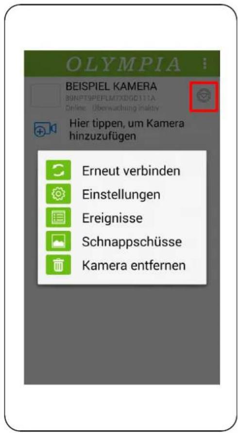 OLYMPIA BEISPIEL KAMERA 80NPT9PEFLM7XDG0111A Online Überwachung inaktiv Hier tippen, um Kamera hinzuzufügen Erneut verbinden Einstellungen Ereignisse Schnappschüsse Kamera entfernen